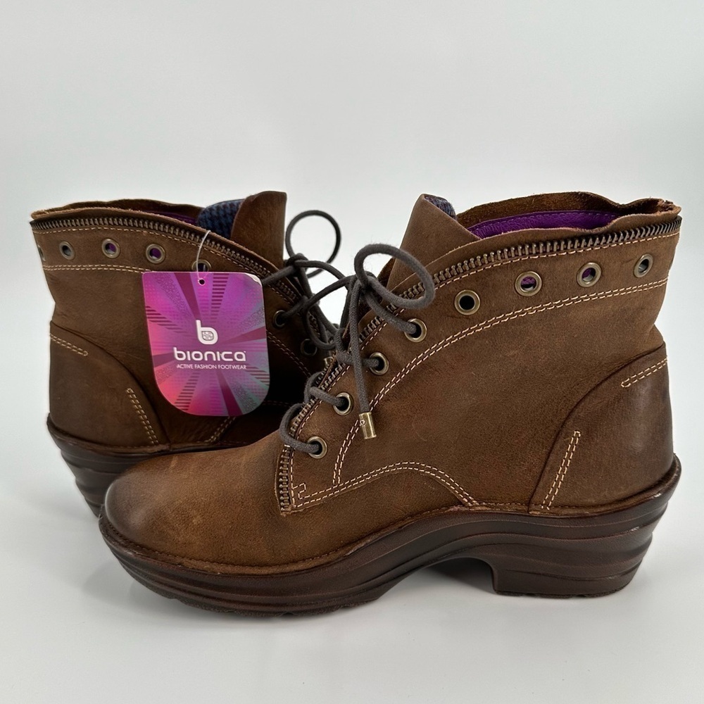 Bionica NWT Rangley Brown Leather Lace Up Bright Interior Detailed Boots Size 8M - Picture 5 of 16
